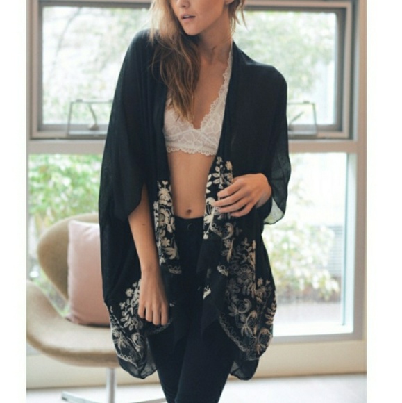 3 Left! Black Floral Embroidered Stitch Kimono - Picture 2 of 3